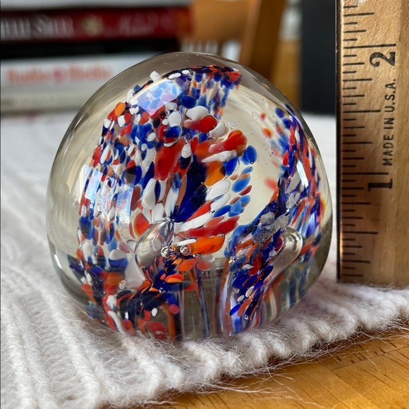 unbranded Other - Abstract Glass Art Paperweight Sphere Dome- Red, Blue, and White flat bottom
